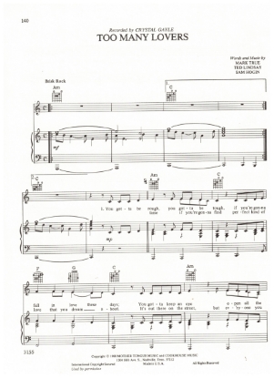 Picture of Too Many Lovers, Mark True/ Ted Lindsay/ Sam Hogin, recorded by Crystal Gayle, sheet music