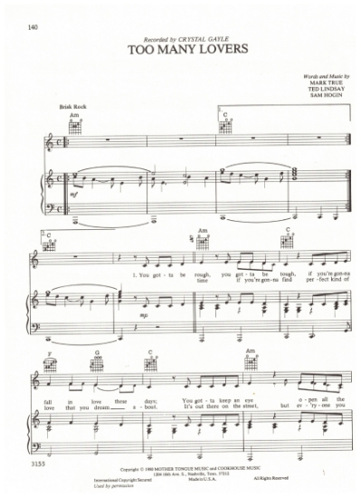 Picture of Too Many Lovers, Mark True/ Ted Lindsay/ Sam Hogin, recorded by Crystal Gayle, sheet music