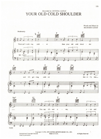 Picture of Your Old Cold Shoulder, Richard Leigh, recorded by Crystal Gayle, sheet music