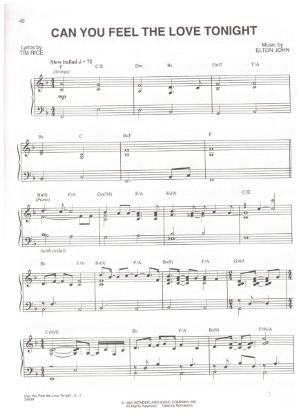 Picture of Can You Feel the Love Tonight, Tim Rice & Elton John, violin solo with piano accomp, sheet music