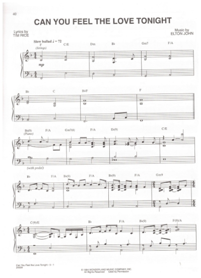 Picture of Can You Feel the Love Tonight, Tim Rice & Elton John, violin solo with piano accomp, sheet music