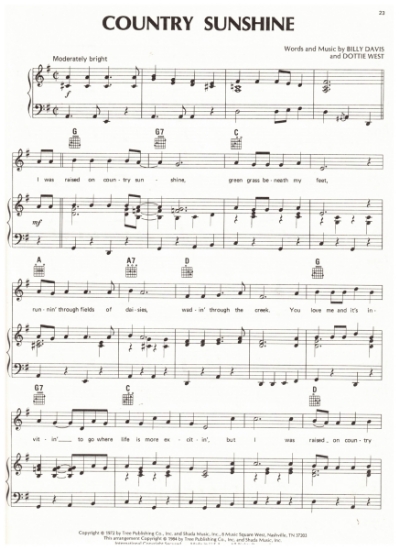 Picture of Country Sunshine, Billy Davis & Dottie West, recorded by Dottie West, sheet music