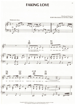 Picture of Faking Love, Bobby Braddock & Matraca Berg, recorded by T. G. Sheppard, sheet music