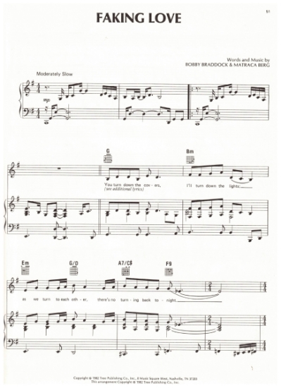 Picture of Faking Love, Bobby Braddock & Matraca Berg, recorded by T. G. Sheppard, sheet music