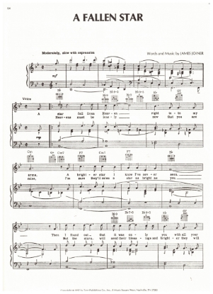Picture of A Fallen Star, James Joiner, recorded by Jim Reeves/ also Conway Twitty/ Jimmy Newman/ Ferlin Husky, sheet music 