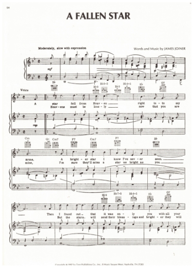 Picture of A Fallen Star, James Joiner, recorded by Jim Reeves/ also Conway Twitty/ Jimmy Newman/ Ferlin Husky, sheet music 