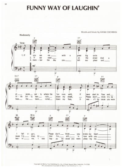 Picture of Funny Way of Laughin', Hank Cochran, recorded by Hank Cochran/ also Burl Ives, sheet music