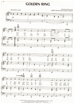 Picture of Golden Ring, Bobby Braddock & Rafe Vanhoy, duet recorded by Tammy Wynette & George Jones, sheet music