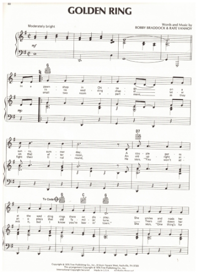 Picture of Golden Ring, Bobby Braddock & Rafe Vanhoy, duet recorded by Tammy Wynette & George Jones, sheet music