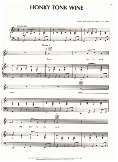 Picture of Honky Tonk Wine, Mack Vickery, recorded by Mickey Gilley, sheet music