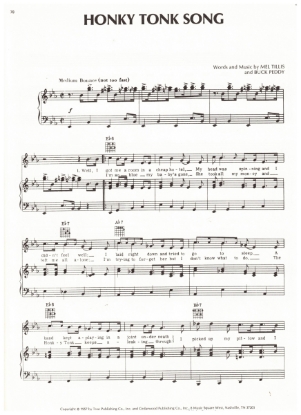 Picture of Honky Tonk Song, Mel Tillis & Buck Peddy, recorded by George Jones/ also Webb Pierce, sheet music