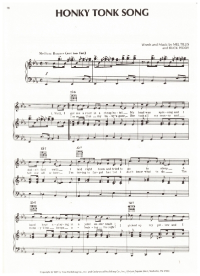 Picture of Honky Tonk Song, Mel Tillis & Buck Peddy, recorded by George Jones/ also Webb Pierce, sheet music