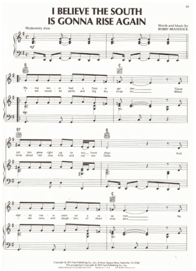 Picture of I Believe the South is Gonna Rise Again, Bobby Braddock, recorded by Tanya Tucker, sheet music