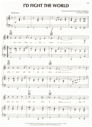 Picture of I'd Fight the World, Hank Cochran & Joe Allison, recorded by Jim Reeves/ also Bobby Bare, sheet music
