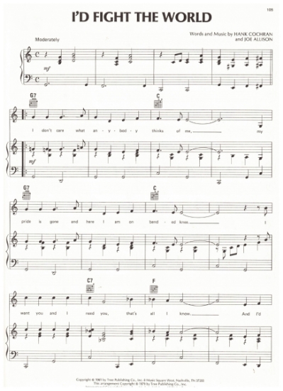 Picture of I'd Fight the World, Hank Cochran & Joe Allison, recorded by Jim Reeves/ also Bobby Bare, sheet music