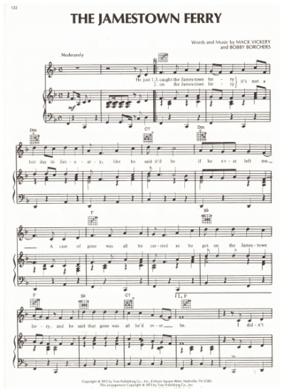 Picture of The Jamestown Ferry, Mack Vickery & Bobby Borchers, recorded by Tanya Tucker/ also Charley Crockett, sheet music