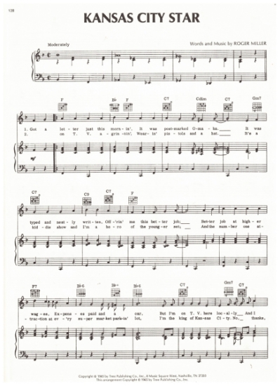 Picture of Kansas City Star, written & recorded by Roger Miller, sheet music