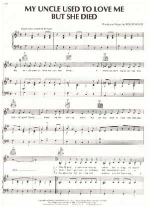 Picture of My Uncle Used to Love Me But She Died, written & recorded by Roger Miller, sheet music