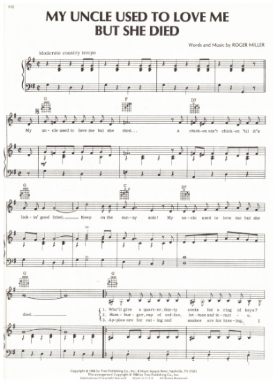 Picture of My Uncle Used to Love Me But She Died, written & recorded by Roger Miller, sheet music