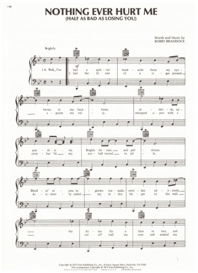 Picture of Nothing Ever Hurt Me (Half as Bad as Losing You), Bobby Braddock, recorded by George Jones, sheet music