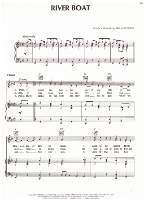 Picture of River Boat (Riverboat), Bill Anderson, recorded by Bill Anderson/ also Faron Young, pdf copy - to be processed & e-mailed within 48 hours of receipt of order