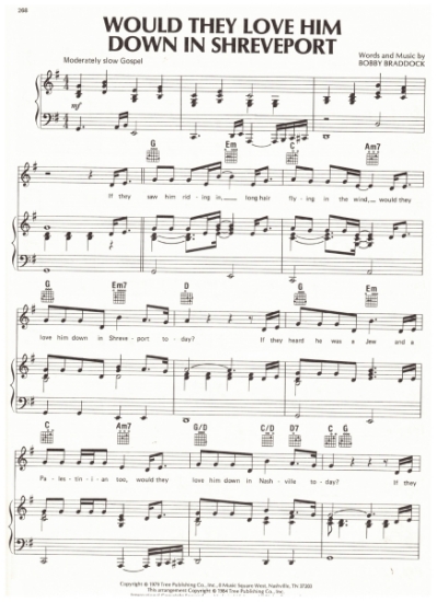 Picture of Would They Love Him Down in Shreveport, Bobby Braddock, recorded by George Jones/ also B. J. Thomas, sheet music