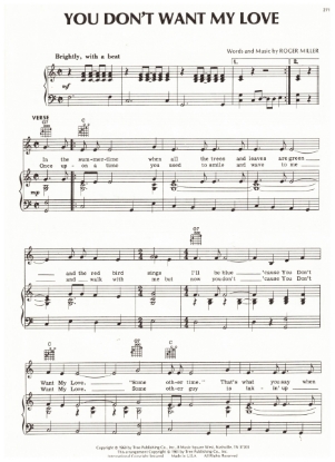Picture of You Don't Want My Love, Roger Miller, also recorded by Skeeter Davis, sheet music