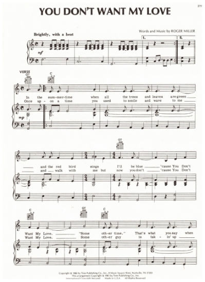 Picture of You Don't Want My Love, Roger Miller, also recorded by Skeeter Davis, sheet music