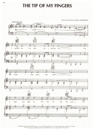 Picture of The Tip of My Fingers, Bill Anderson, also recorded by Roy Clark, sheet music