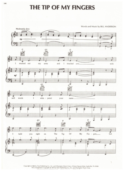 Picture of The Tip of My Fingers, Bill Anderson, also recorded by Roy Clark, sheet music