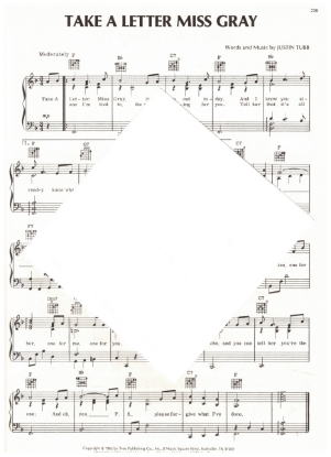 Picture of Take a Letter Miss Gray, Justin Tubb, also recorded by Faron Young, sheet music