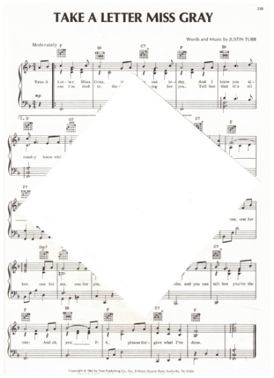 Picture of Take a Letter Miss Gray, Justin Tubb, also recorded by Faron Young, sheet music