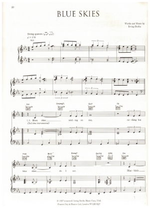 Picture of Blue Skies, Irving Berlin, this version as sung by Eva Cassidy, sheet music