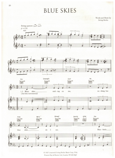 Picture of Blue Skies, Irving Berlin, this version as sung by Eva Cassidy, sheet music