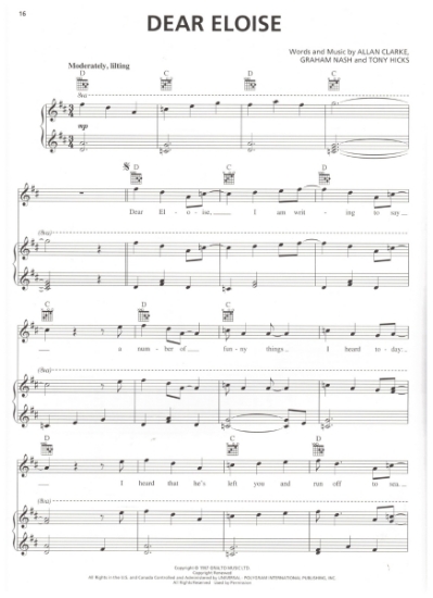 Picture of Dear Eloise, Allan Clarke/ Graham Nash/ Tony Hicks, recorded by The Hollies, sheet music