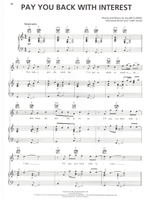 Picture of Pay You Back With Interest, Tony Hicks/ Graham Nash/ Allan Clarke, recorded by The Hollies, sheet music