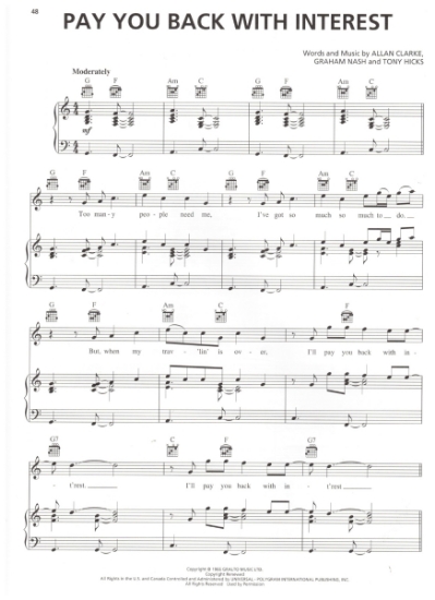 Picture of Pay You Back With Interest, Tony Hicks/ Graham Nash/ Allan Clarke, recorded by The Hollies, sheet music