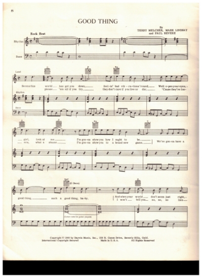 Picture of Good Thing, Terry Melcher/ Mark Lindsay/ Paul Revere, recorded by Paul Revere and the Raiders, sheet music