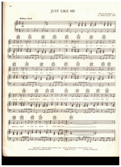 Picture of Just Like Me, R. Hart & R. Dey, recorded by Paul Revere and the Raiders, sheet music