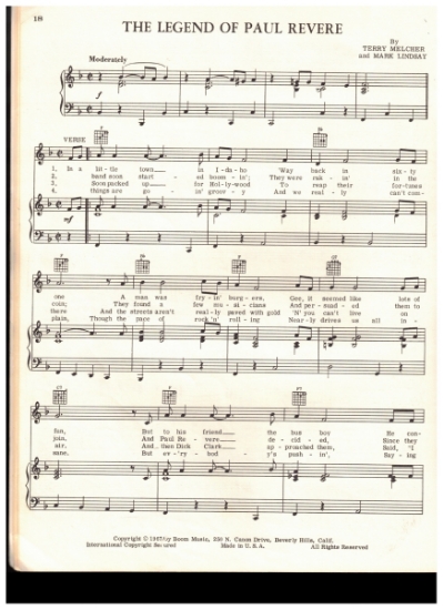 Picture of The Legend of Paul Revere, Terry Melcher & Mark Lindsay, recorded by Paul Revere and the Raiders, sheet music