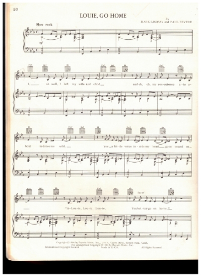 Picture of Louie Go Home, Mark Lindsay & Paul Revere, recorded by Paul Revere and the Raiders, sheet music
