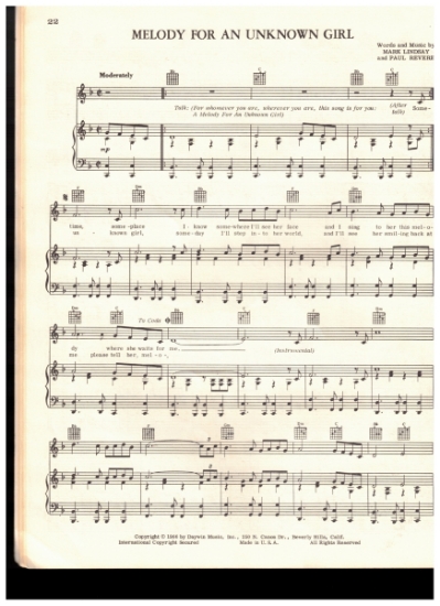 Picture of Melody for an Unknown Girl, Mark Lindsay & Paul Revere, recorded by Paul Revere and the Raiders, sheet music