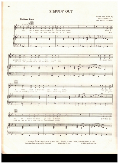 Picture of Steppin' Out, Mark Lindsay & Paul Revere, recorded by Paul Revere and the Raiders, sheet music