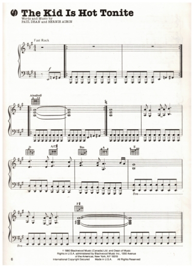 Picture of The Kid is Hot Tonight, Paul Dean & Bernie Aubin, recorded by Loverboy, sheet music