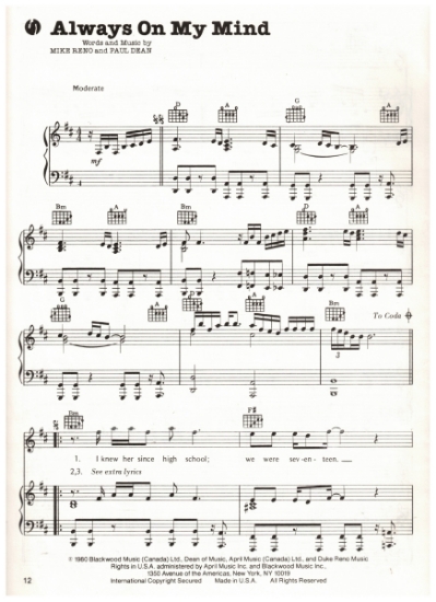 Picture of Always on My Mind, Paul Dean & Mike Reno, recorded by Loverboy, sheet music