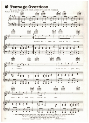 Picture of Teenage Overdose, Paul Dean/ Mike Reno/ Doug Johnson, recorded by Loverboy, sheet music