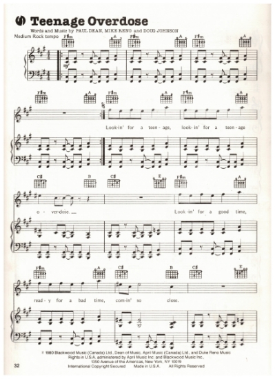 Picture of Teenage Overdose, Paul Dean/ Mike Reno/ Doug Johnson, recorded by Loverboy, sheet music