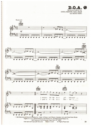 Picture of D.O.A., Paul Dean/ Mike Reno/ Doug Johnson, recorded by Loverboy, sheet music