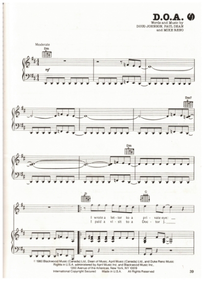 Picture of D.O.A., Paul Dean/ Mike Reno/ Doug Johnson, recorded by Loverboy, sheet music