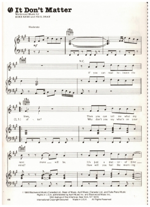 Picture of It Don't Matter, Paul Dean & Mike Reno, recorded by Loverboy, sheet music